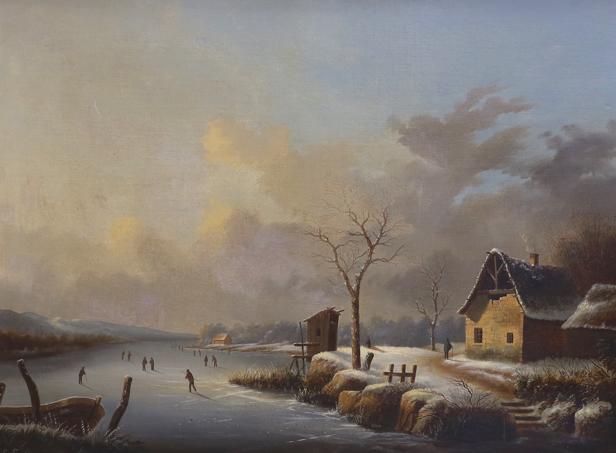 Albert Alexandre Lenoir (French, 1801-1891), pair of oils, Winter lake scenes with figures skating, signed, 67 x 51cm